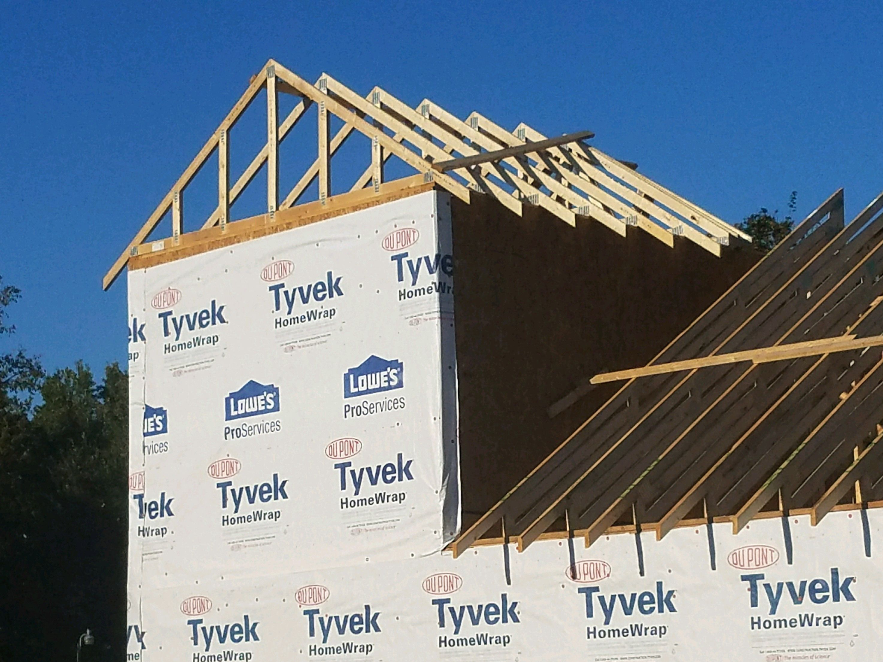 Roof trusses over walls covered in house wrap against a blue sky.