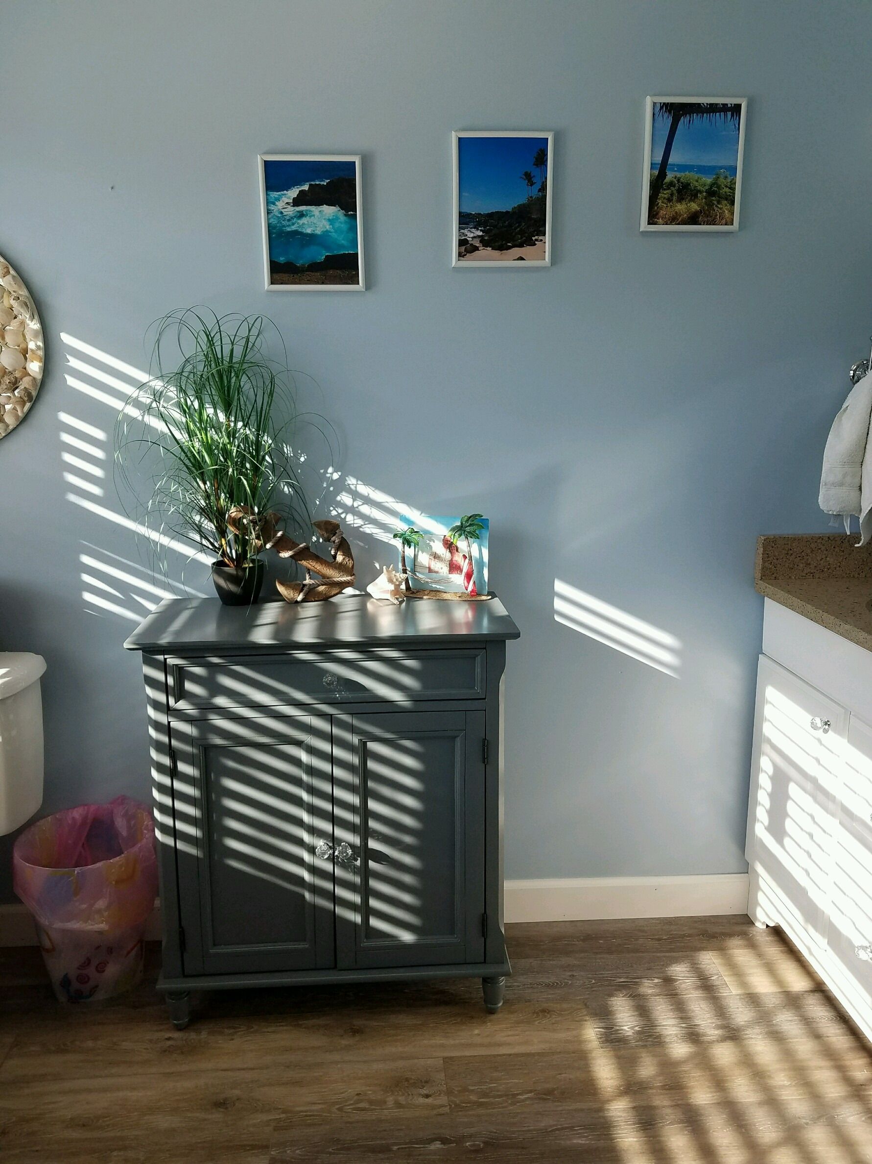 Gray storage cabinet on the new plank floor with sunlight on blue walls.